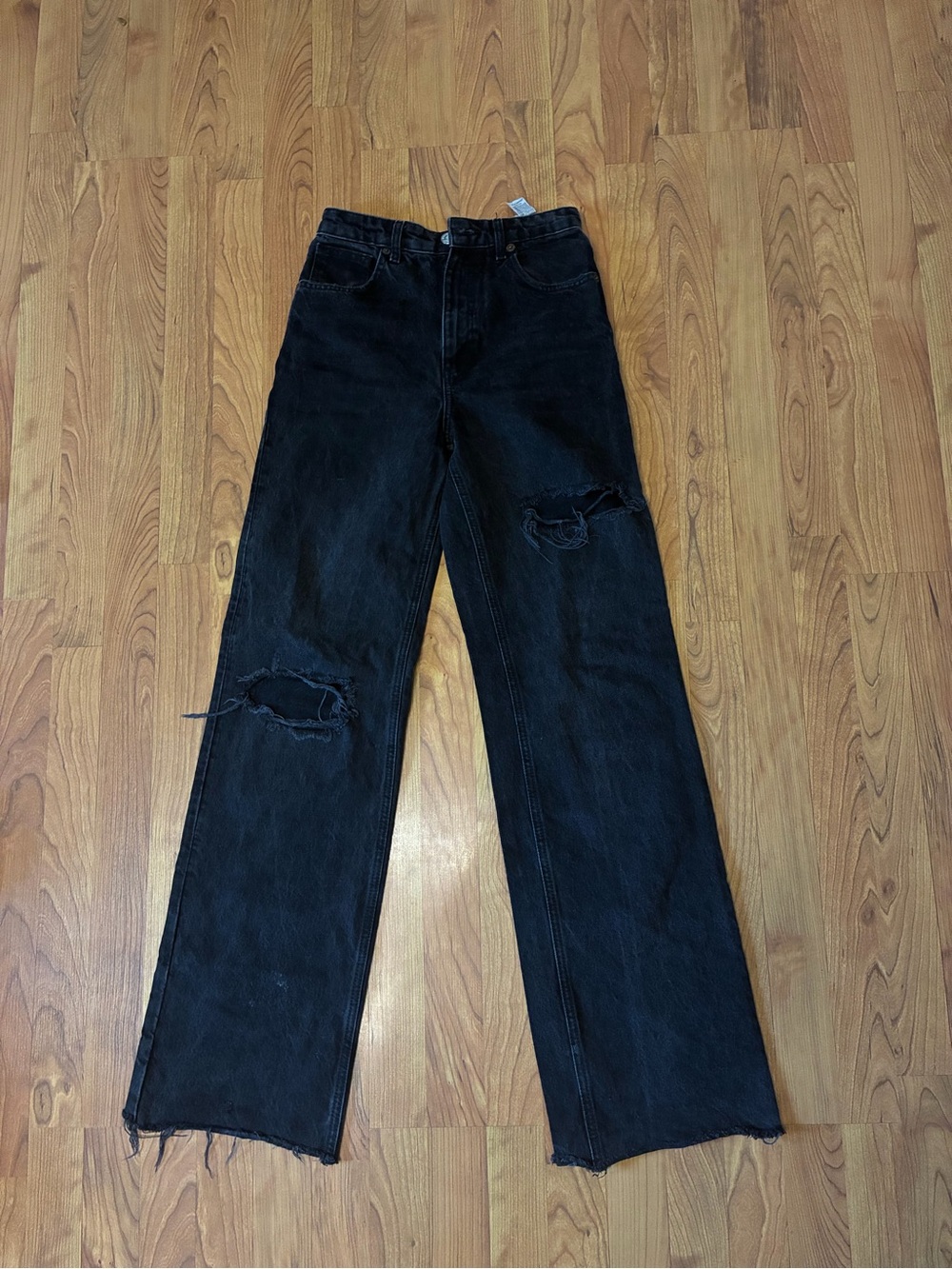 ZARA Black Ripped Wide Leg Jeans Size 4 US 26 High Rise Distressed Straight Deni - Picture 2 of 5